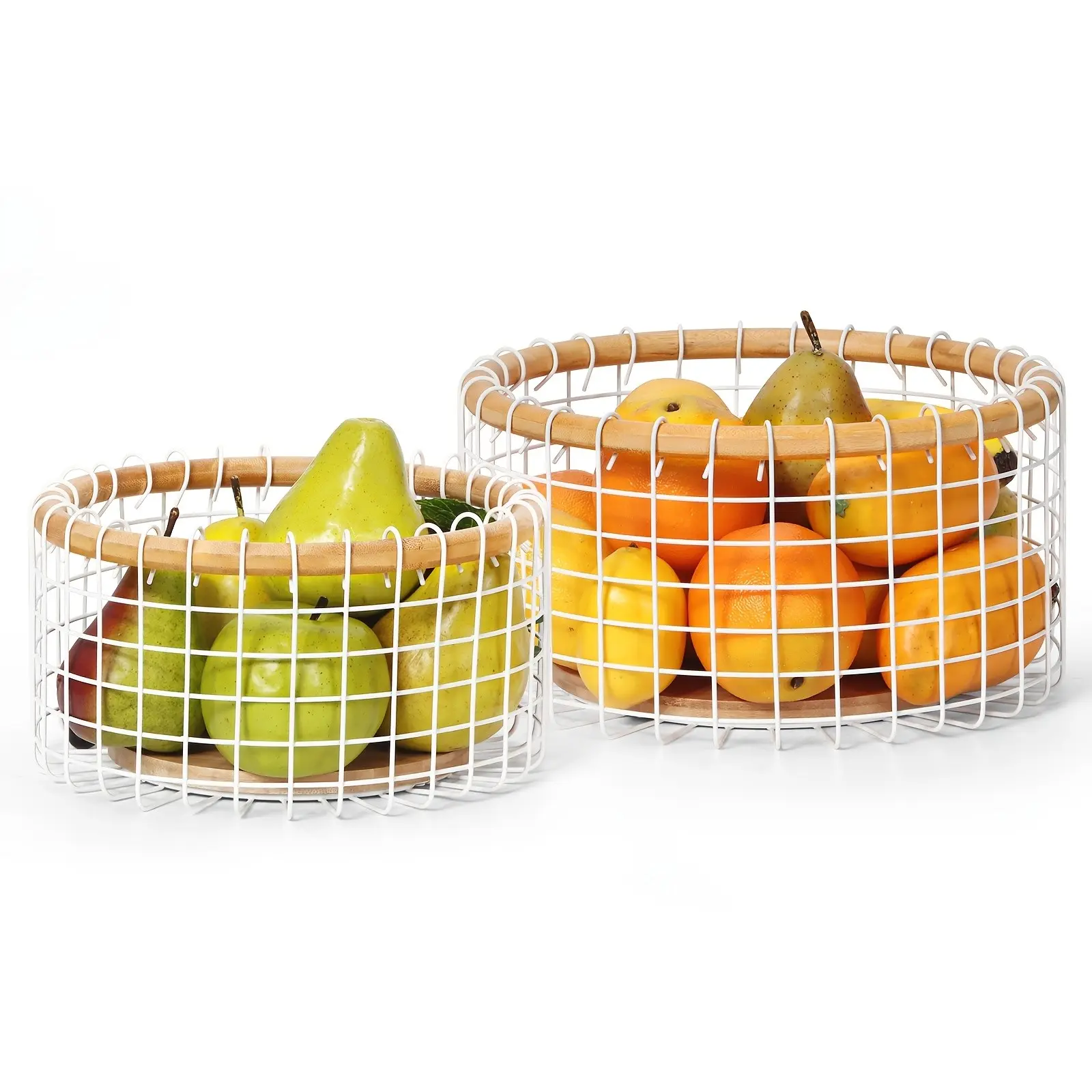 Two White Round Fruit Baskets for Kitchen Storage Rack, Fruit Storage Shelf