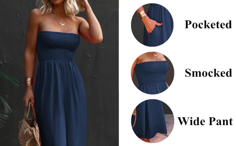 Women's Summer Sleeveless Strapless Wide Leg Jumpsuits Casual Loose Baggy Smocked Chiffon Jumpsuit Rompers with Pockets Women's Summer Sleeveless Strapless Wide Leg Jumpsuits Casual Loose Baggy Smocked Chiffon Jumpsuit Rompers with Pockets