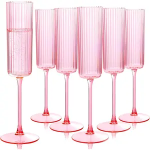 36 Pack Pink Plastic Champagne Flutes - 6oz Ribbed Disposable Champagne Glasses - Clear Pink Vintage Mimosa Glasses with Long Stem Elegant & Lightweight for Wedding Party