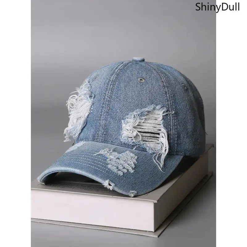 Unisex Vintage Washed Ripped Denim Baseball Cap - Adjustable Snap, One Size Streetwear Hat with Ripped Look, Denim Fabric Accessory for Outdoor Activities, Casual Daily Use
