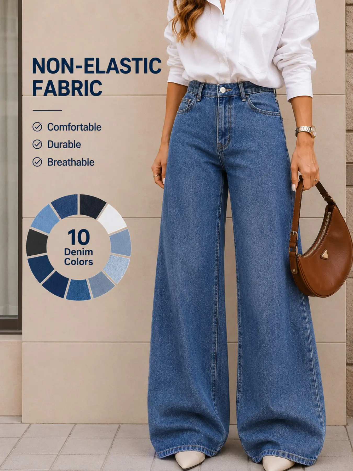 Women's High Waist Loose-Fit Jeans, Boho Style Patchwork Denim, Button Fly Closure, Casual All-Season Wear, Perfect for Daily Commute & Music Festivals