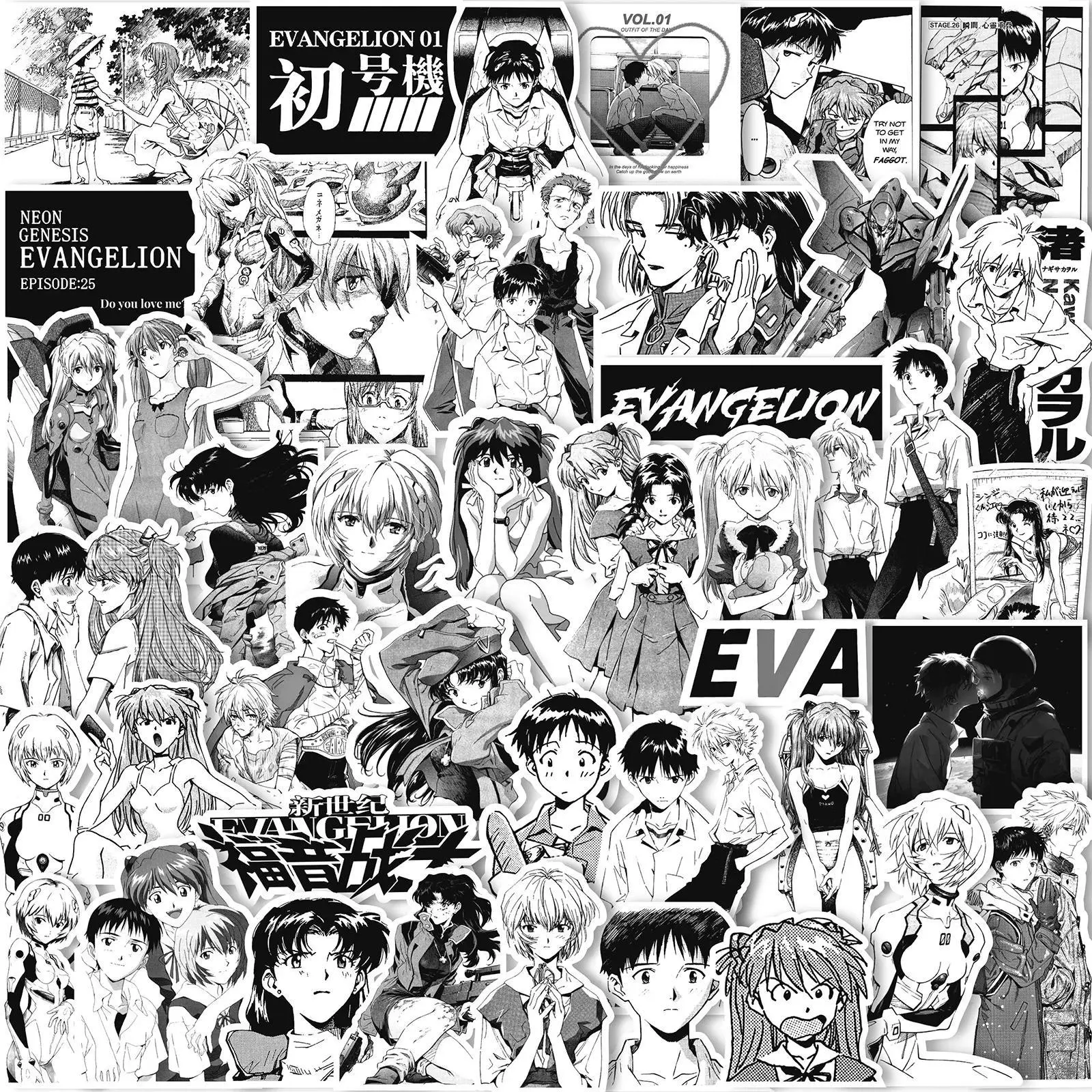 70/75/145PCS Black and White Sketch Neon Genesis Evangelion Stickers Classic Anime Decals for Notebook Skateboard Bike Sticker