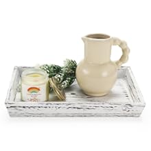 2 Tiered Stand With Metal Handle - Farmhouse Wooden Rustic Square Serving Tray for Home Kitchen Decor, Coffee Table (Distressed White)