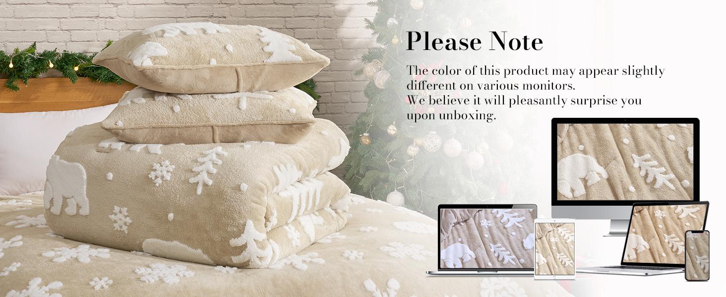 Christmas Comforter Set Queen, Christmas Bedding Set with Bear, Beige Fleece Plush Comforter for Winter, 3 Pieces, 1 Soft Comforter and 2 Pillowcases