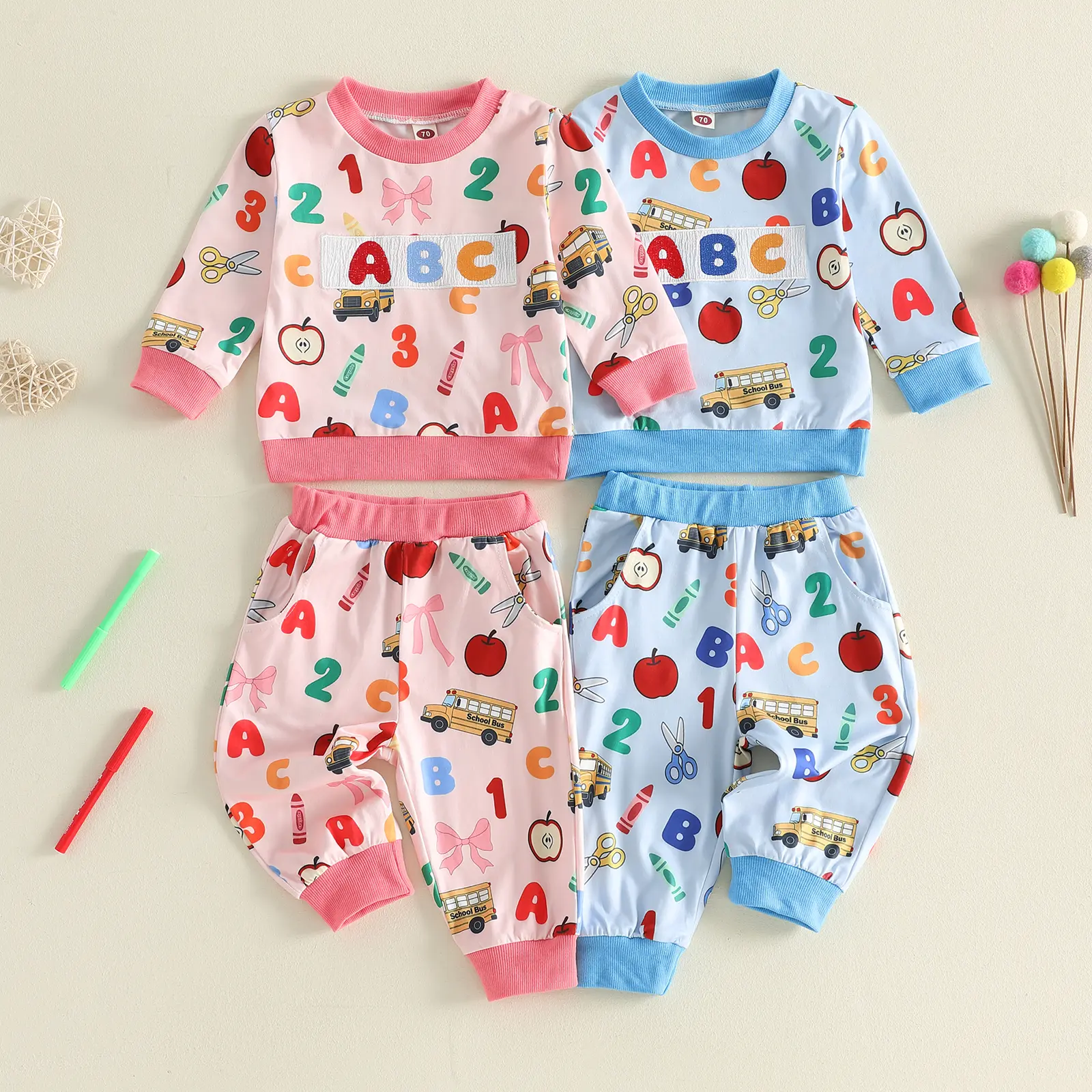 REDWOON Toddler Baby Little Boy Girl Back to School Outfit Long Sleeve ABC Embroidery Apple Pencil Print Pullover with Pants 2Pcs Fall Clothes 1-6T