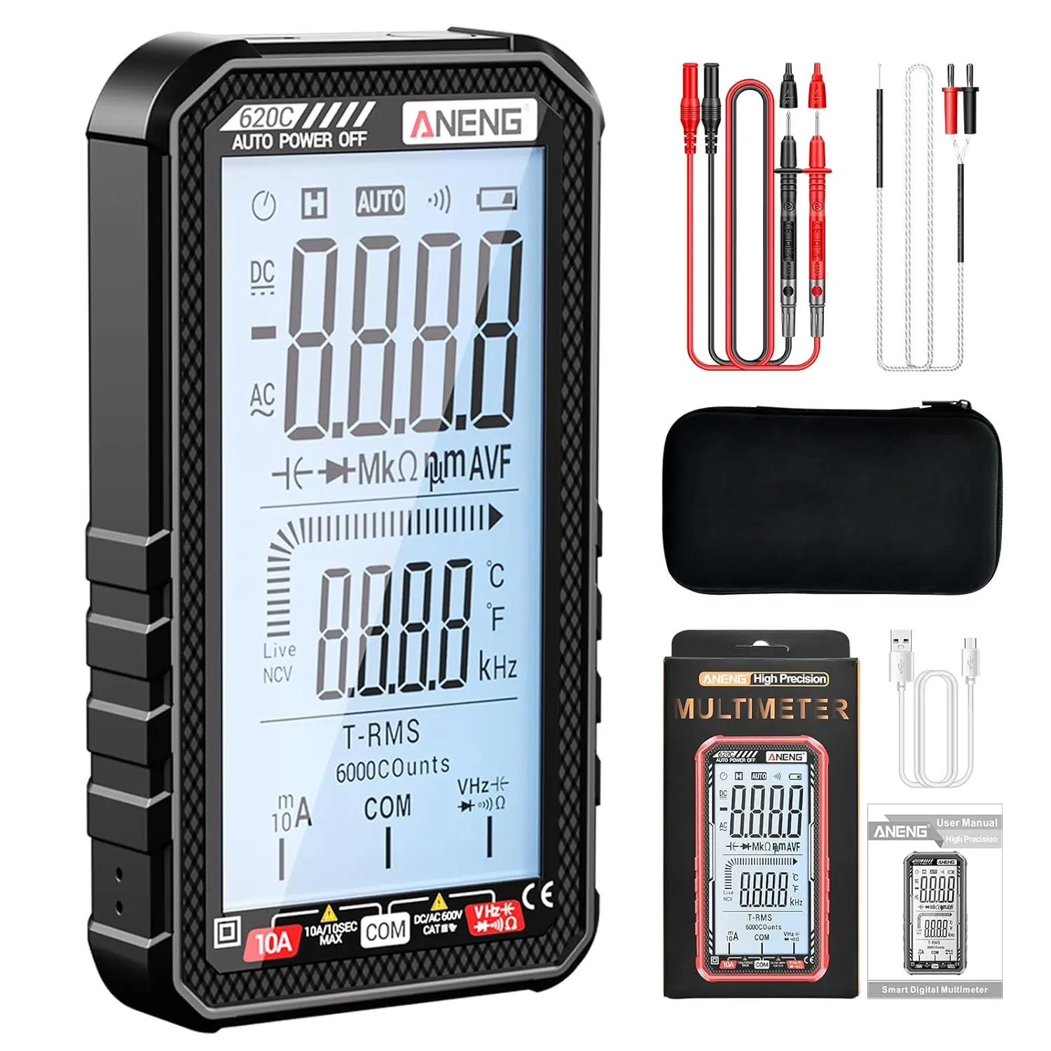 2026 Digital Multimeter Tester, Smart Digital Multimeter 6000 Counts with Auto Ranging Digital Voltmeter Measures Voltage Current Resistance Continuity for Electricians,DIY (620C Black)