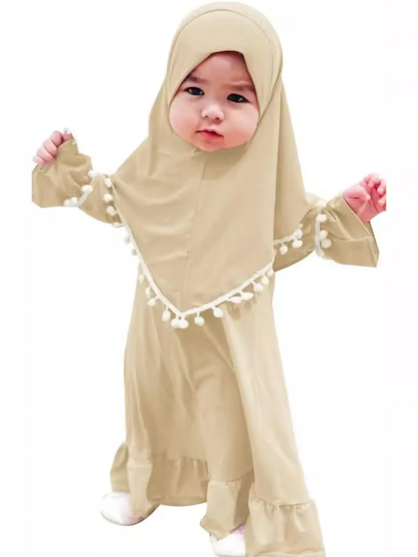 Girls' Muslim Dress, Modesty, Long Sleeve Round Neck, Two-Piece Set with Headscarf, Comfortable Daily Wear, Trendy Fashion for Spring and Autumn
