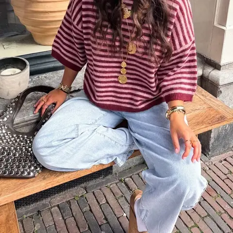 Women's Retro Bohemian Crew Neck Three-Quarter Sleeves Knit Sweater, Loose Dropped Shoulder Boxy Fit, Dual-Tone Horizontal Stripe Print, Soft Comfy Knit Fabric, Vintage Casual Streetwear for Spring and Autumn, Striped Casual Sweater