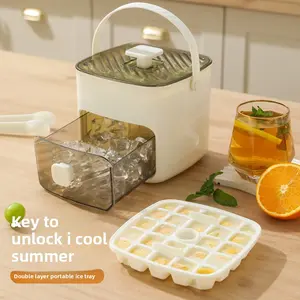 Ice cube mold, portable double-layer ice cube tray with ice scoop and storage box
