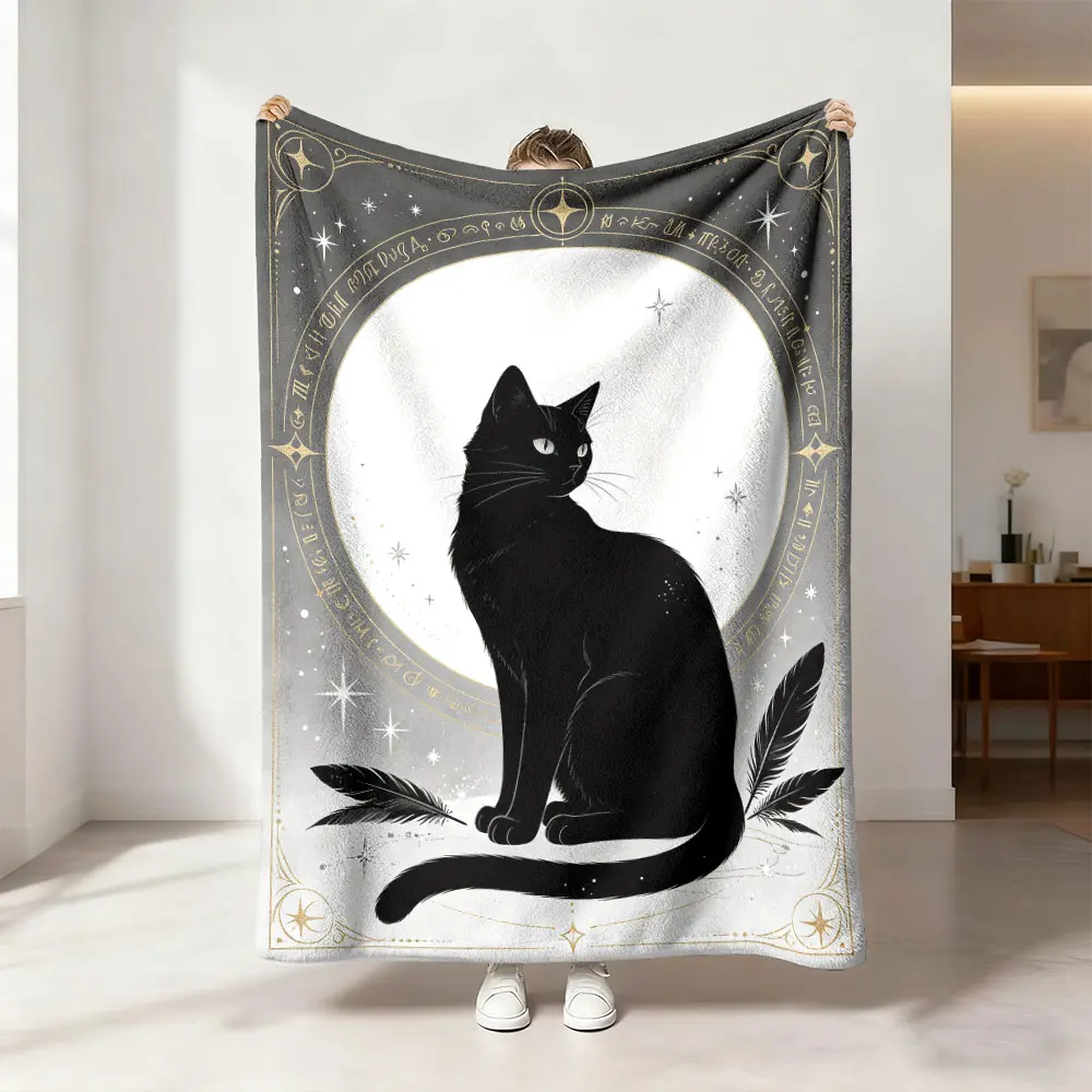 1 piece black and gold star-printed black cat feather flannel blanket is soft, warm, and multifunctional, suitable for car sofas, bed covers, office nap blankets, outdoor camping, and all-season gifts