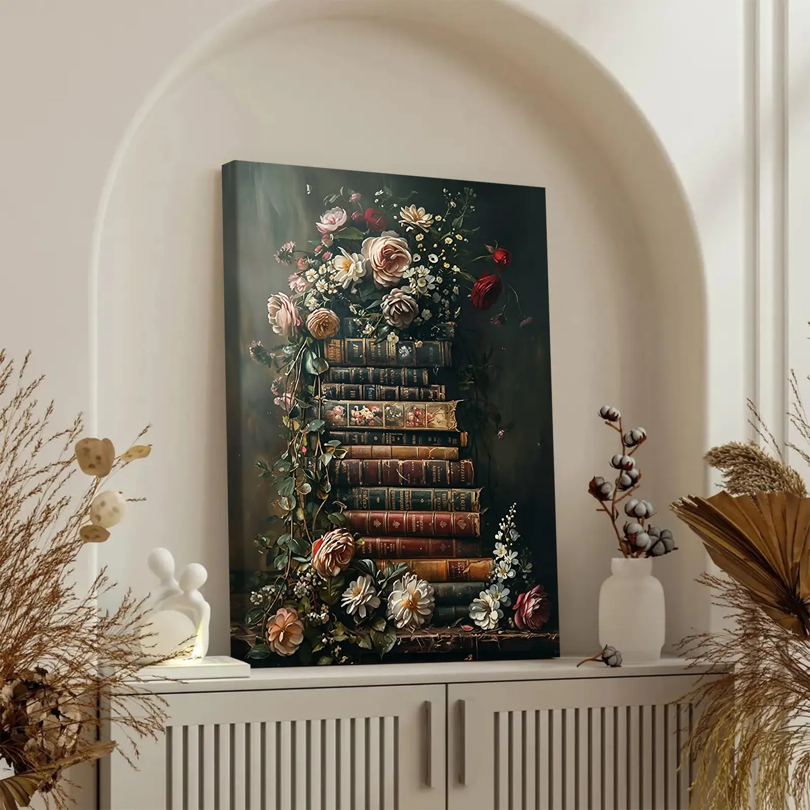 Vintage Floral Aesthetic Pattern Books Artistic Canvas Wall Art, Antique Book Stack With Roses And Daisies Poster Print, Dark Academia Botanical Painting For Home Decoration, Waterproof HD Artwork