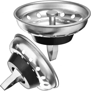 2 Pack Kitchen Sink Strainer and Stopper Combo Basket Spring Clip Replacement for Standard 3-1/2 inch Drain Stainless Steel Basket and Rod Rubber Stopper Bottom