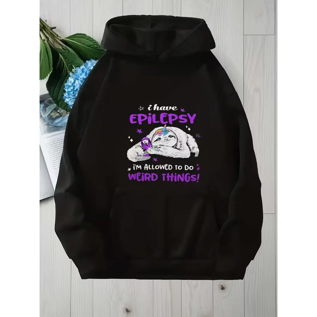 Epilepsy Awareness Sloth Unicorn Purple Ribbon Graphic Oversized Hoodie, Cute Fashion Cotton Outfit, Best Holiday Gift for Him Her Family Friends Lovers, Comfort Casual Pullover Hooded Sweatshirt