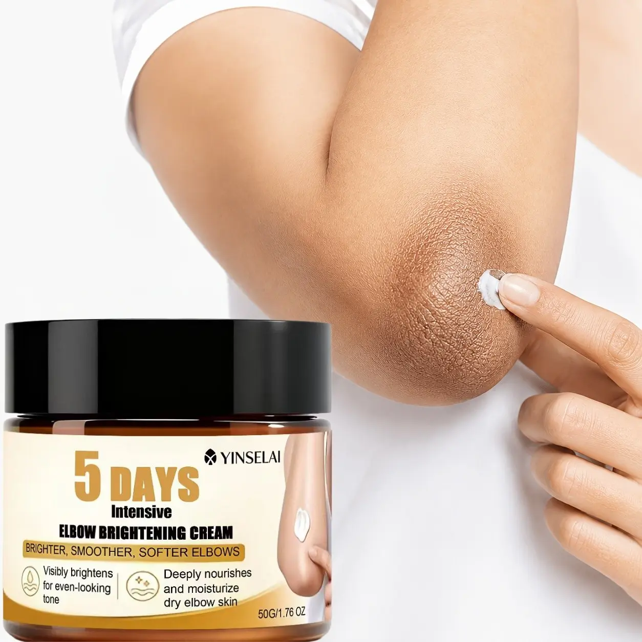 5-Day Intensive Elbow Brightening Cream, for Rough Dark Elbows Knees Fingers, Niacinamide Retinol Collagen Vitamin C, All Skin Types, 50g