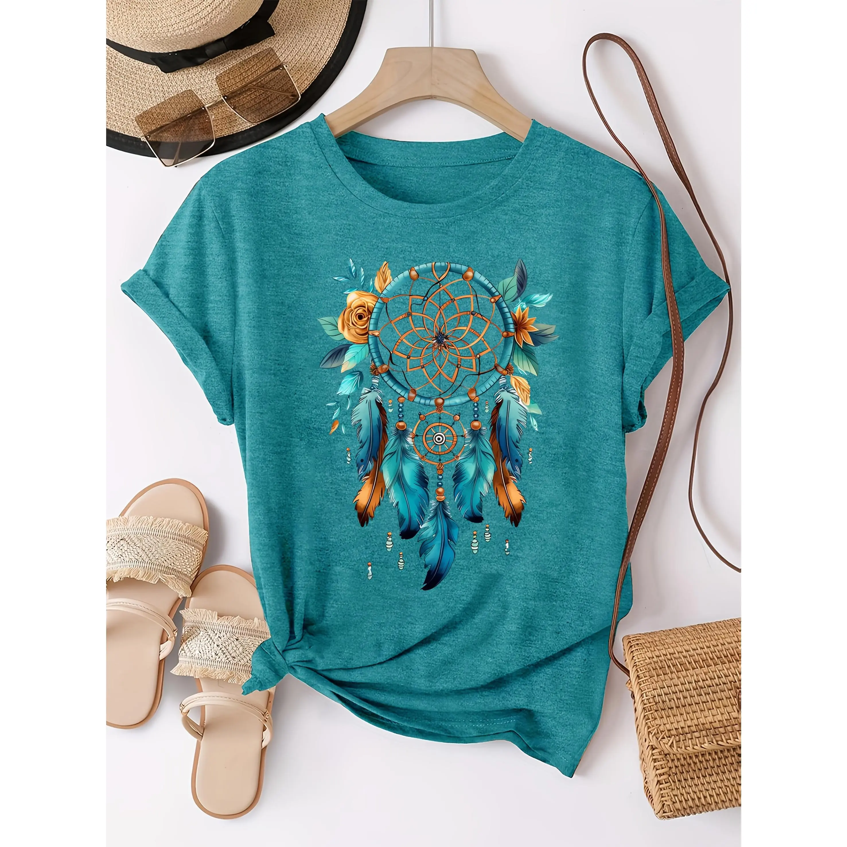 Women's Bohemian Dreamcatcher Print T-Shirt Top - 100% Cotton Knit, Casual Loose Fit, Short-Sleeve Round Crew Neck, Floral Stitch T Shirts for Women, Medium Cut Everyday Wear, Smooth, Shortsleeve, Graphic Tees, Women's Graphic Tees