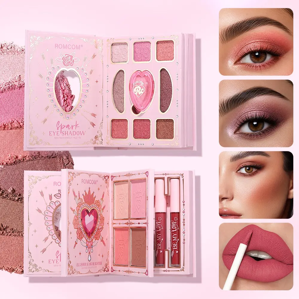 3 Pages Integrated Makeup Palette, shimmer matte mix eyeshadow palette, blush highlighter contour all in one, matte lip gloss set, rich pigment easy blending without flyaway powder