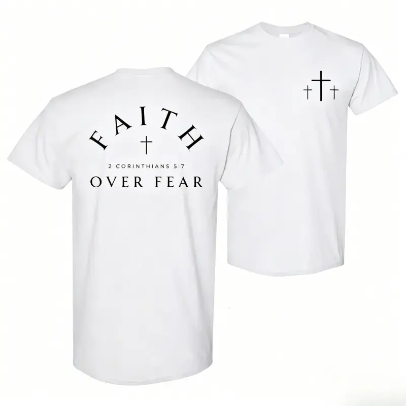 Faith Over Fear Shirt - Bible Verse 2 Corinthians 5:7 With Cross Graphic, Christian Apparel For Believers, Short Sleeve Tee, God Shirt, God Apparel, Apparel Made In The USA, Father's Day Shirt, Gym Shirt men-men's shirt-gift for him