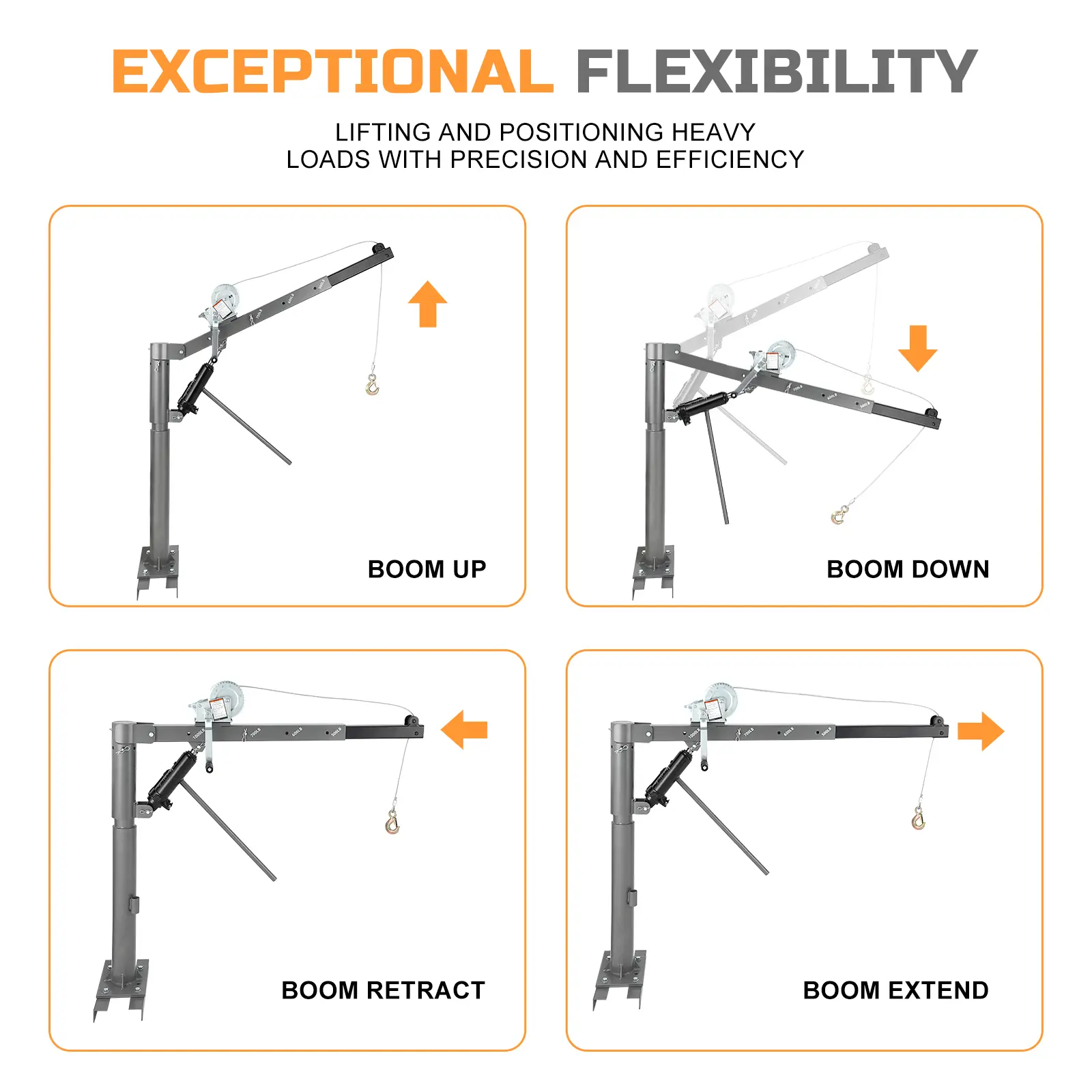 1000 LBS Pickup Truck Crane, Hydraulic Hoist with Manual Winch, 360 Degree Swivel, 4 Adjustable Boom Sections, Heavy Duty Truck Bed Crane for Industrial Lifting
