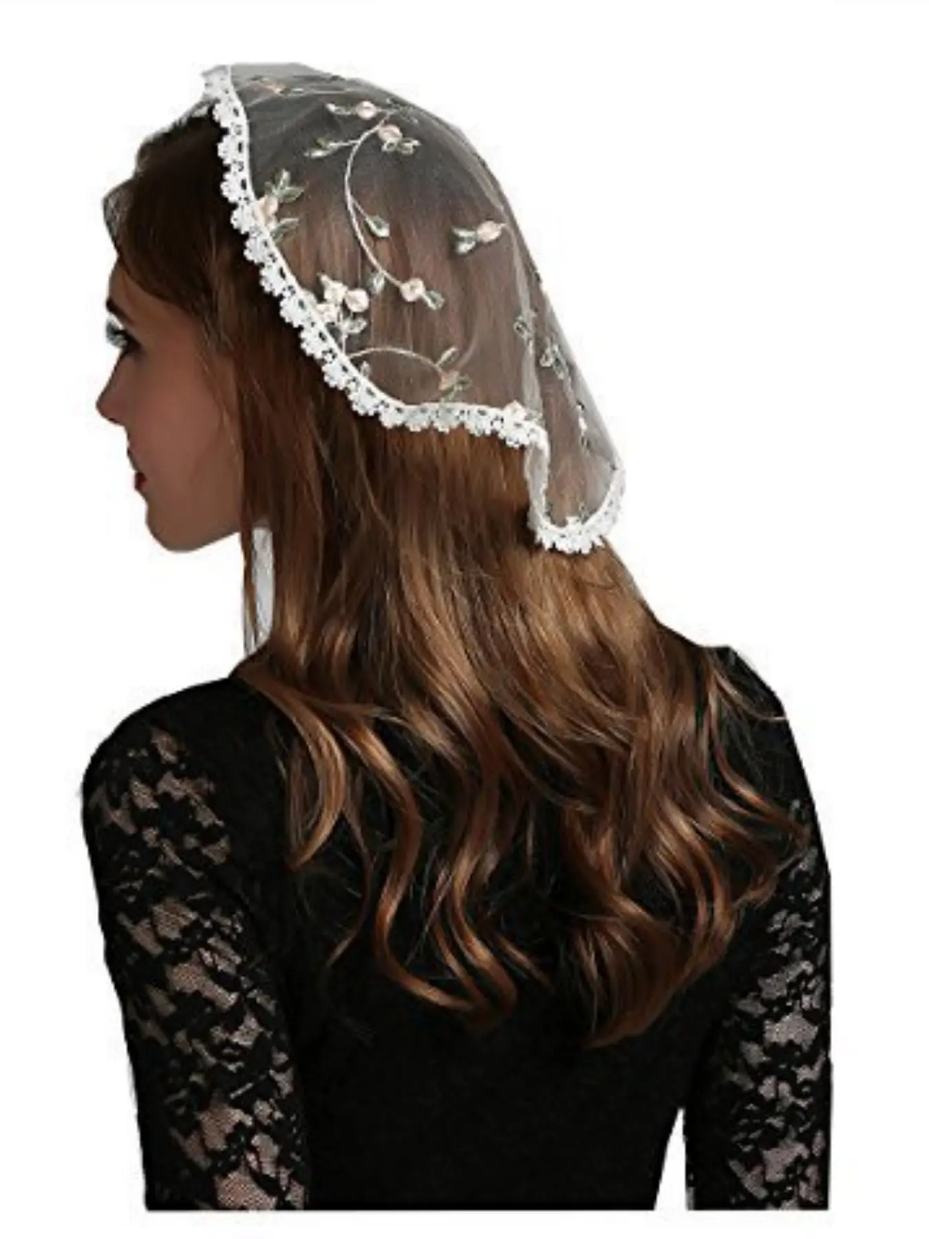 Vintage Floral Embroidered Lace Church Veil, Women's Triangle Mesh Headscarf, Bride Wedding Accessory, Boho Ethnic Style, Fitted