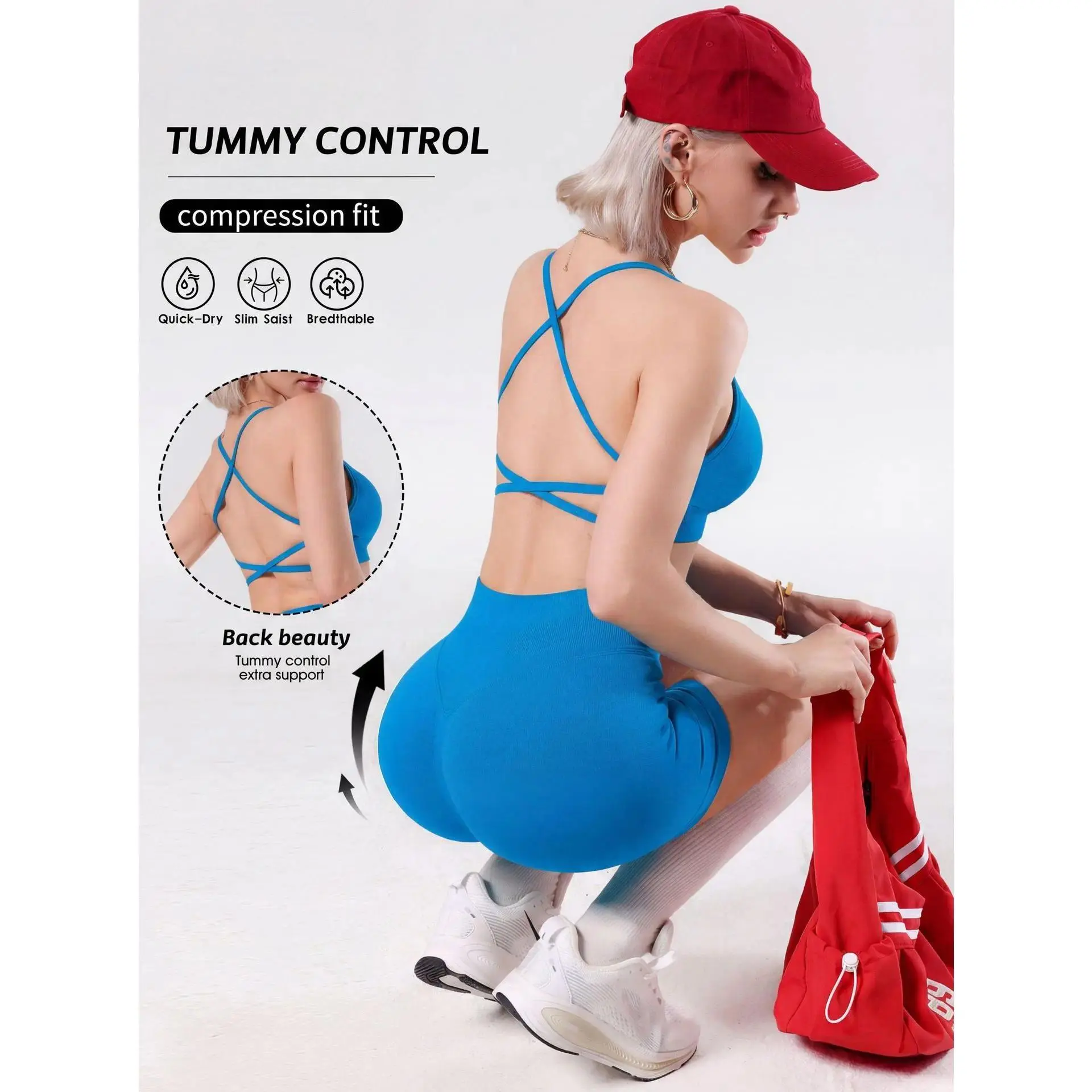 Women's Yoga Outfit Set, Crisscross Back Cami Sports Bra + High Waist Tummy Control Butt Lifting Fitness Shorts