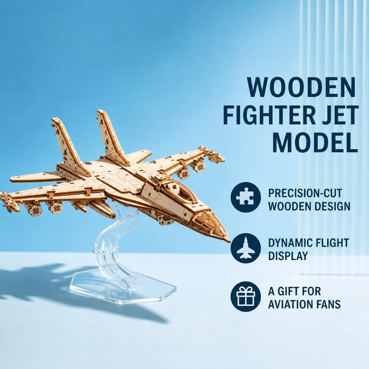 3D Wooden Interlocking Puzzle Toy Fighter Jet Model with Base, DIY Educational Craft Kit, Creative Building Blocks Gift for Kids