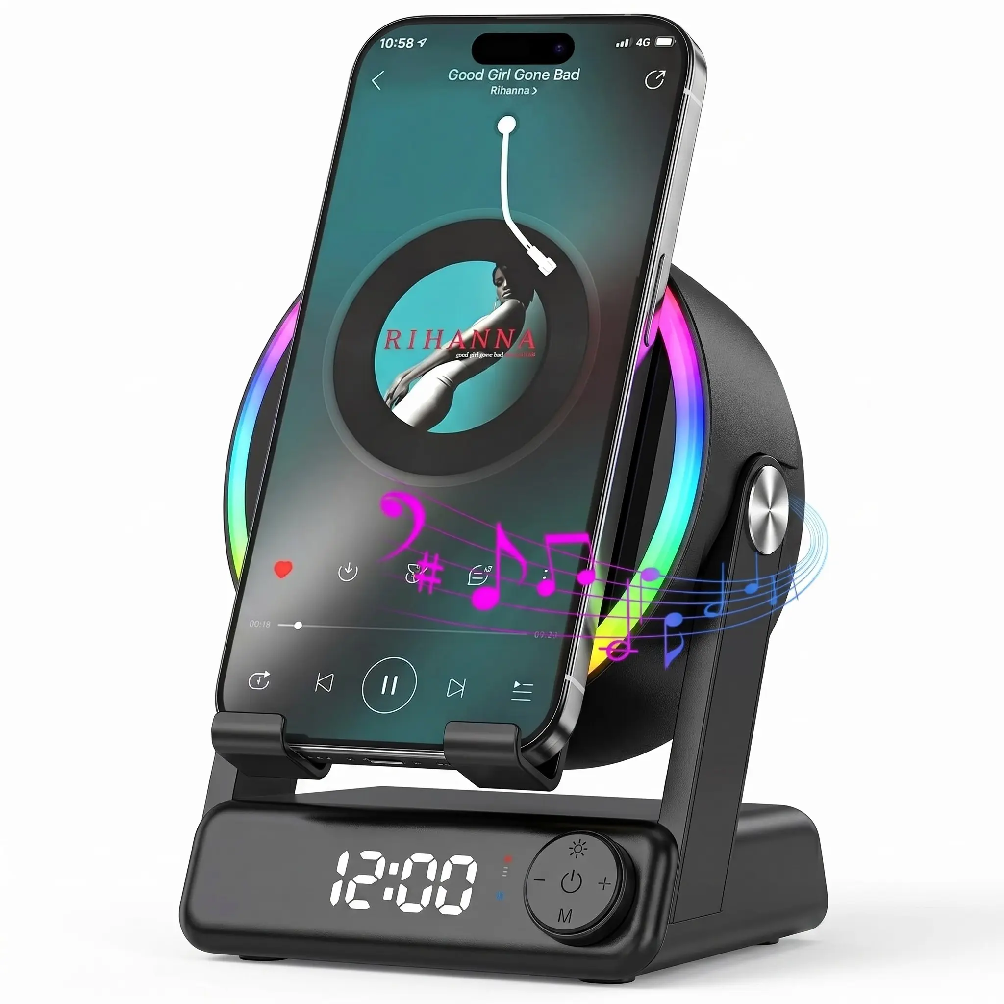 MFHHFM Wireless Induction Bluetooth Speaker with Phone Stand, Stereo Sound Amplifier, Digital Alarm Clock, RGB LED Night Light, Adjustable Holder, Gifts for Family Friends