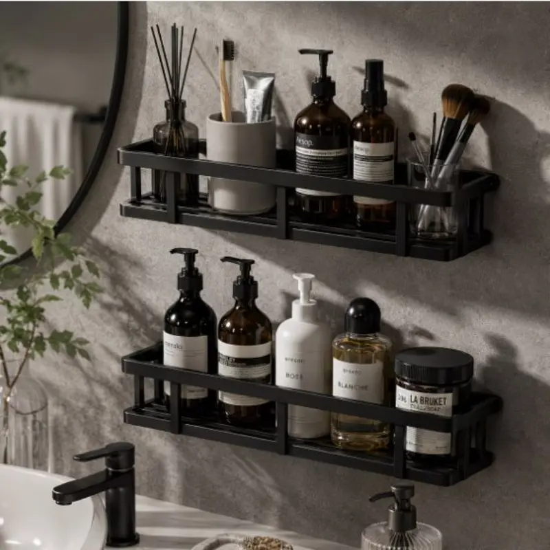 2pcs Bathroom Shelf with Adhesive Hooks, Multi-Functional Wall-Mounted Storage Basket, No Drilling Drainage Basket, Haircare Organizer, Kitchen Spice Holder, Durable Shower Organizer
