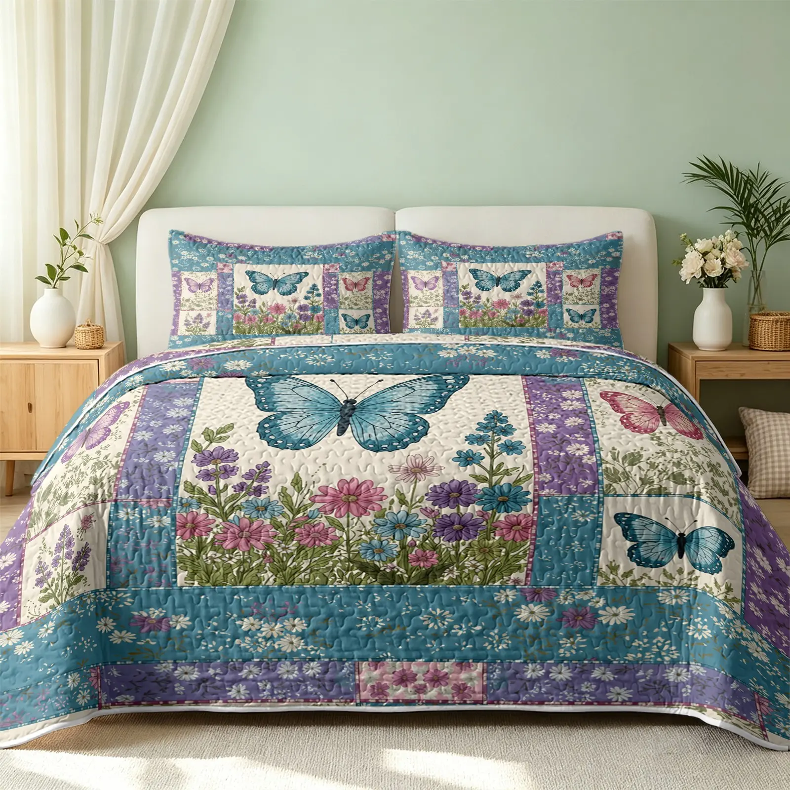 3Pcs Colorful Butterfly Wildflower Patchwork Quilt Set 1 Quilt With 2 Pillowcases Central Blue Butterfly With Bright Daisies Multi Color Butterflies Fresh Country Garden Style Reversible Comfort Bedding Floral Bedding Sets No Inner Fillng All Season Use