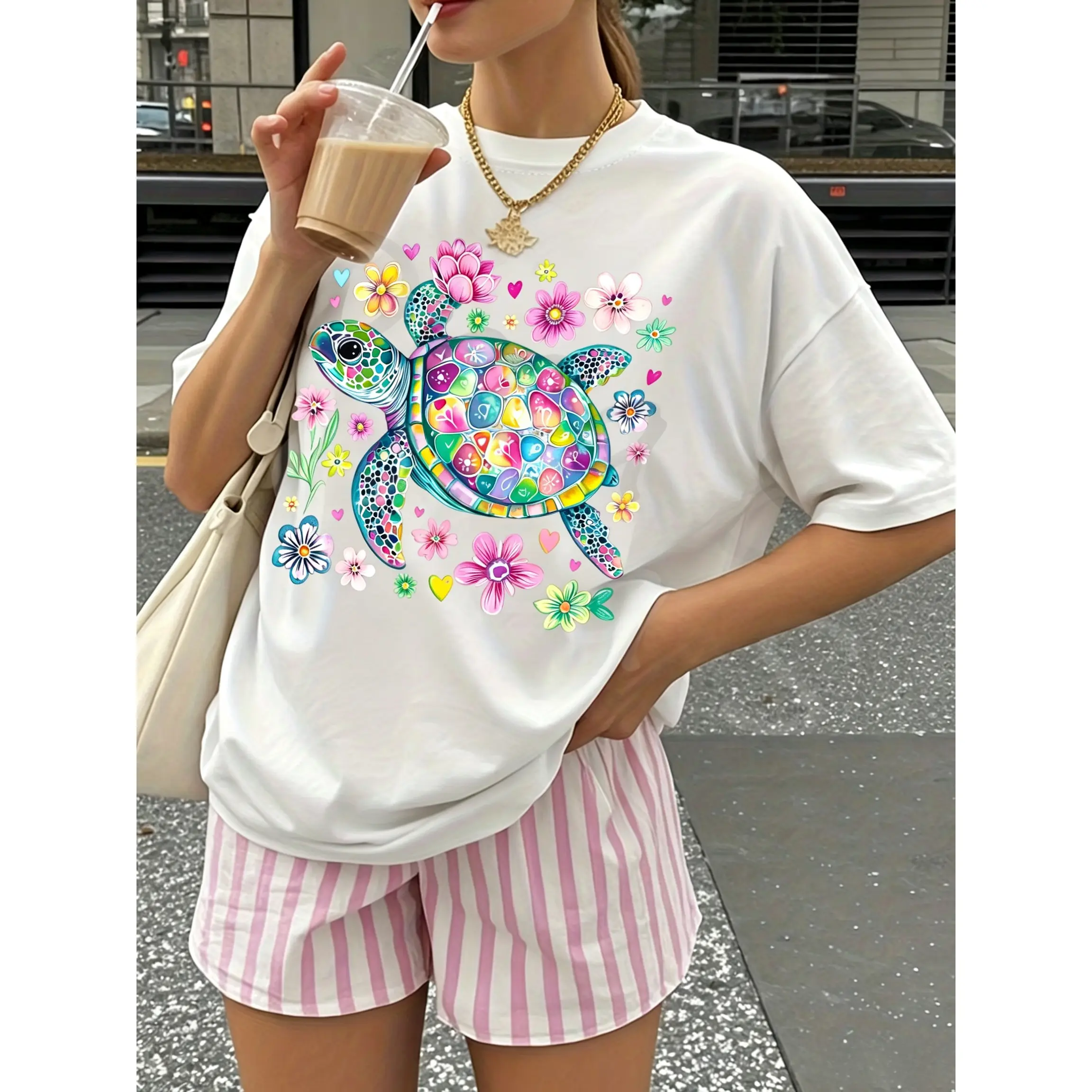 Men's Round-Collar Short-Sleeved Linen Baggy T-Shirt - Breathable, Floral, Hearts, Rainbow Graffiti Turtle, Ocean-Style Prints, Valentines Day, Foldable, Athletic, Basic, Preppy Graphic Top, Black & White, Casual, Chic, Cotton, Oversize, Outdoor, Loose, C