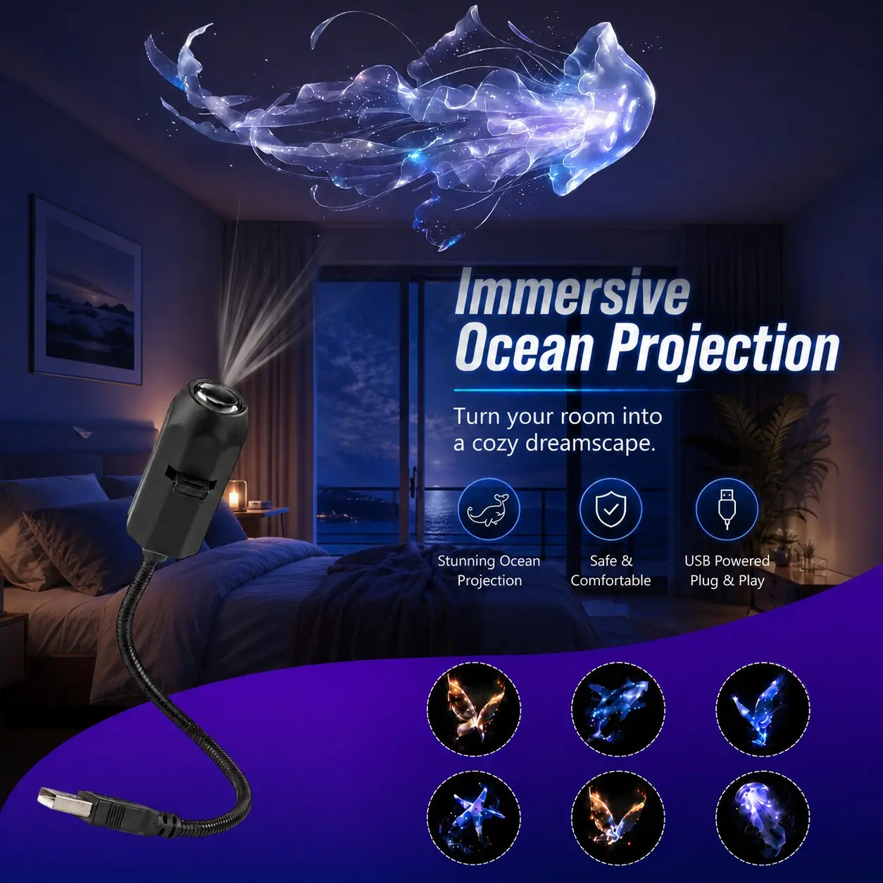 LED Decorative Ocean Projector Lamp, USB Powered Room Light with 6 Pattern Discs, Whale, Jellyfish, Butterfly and Starfish Ceiling Projection for Bedroom, Party and Home Decor, Led Decoration Lamp