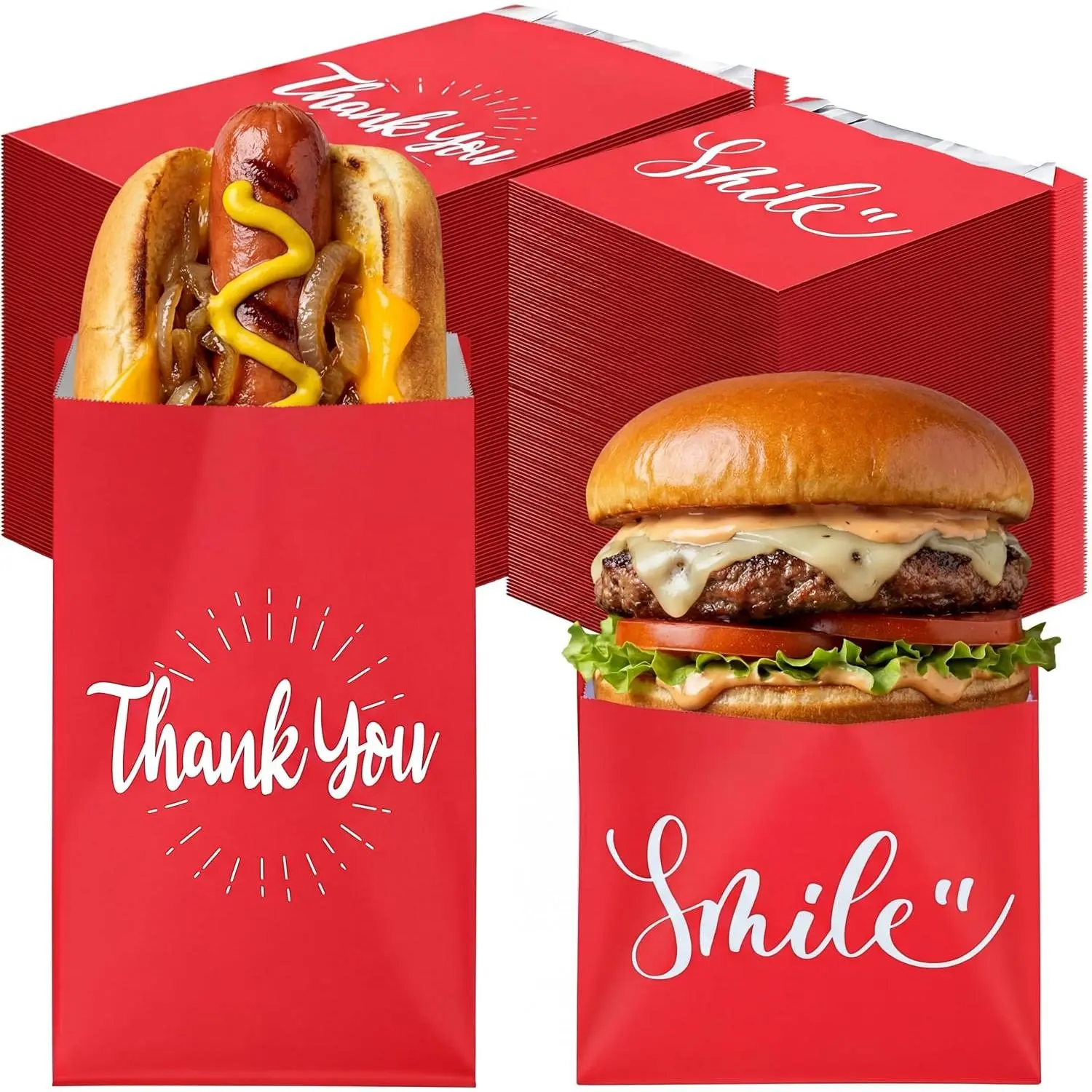 200 Packs Paper+Foil Heat-Proof Warming Sturdy Bags, Disposable Sleeves with Smile & Thank You Red Design for BBQ, Concessions, Parties/Fairs (Multi-Size)