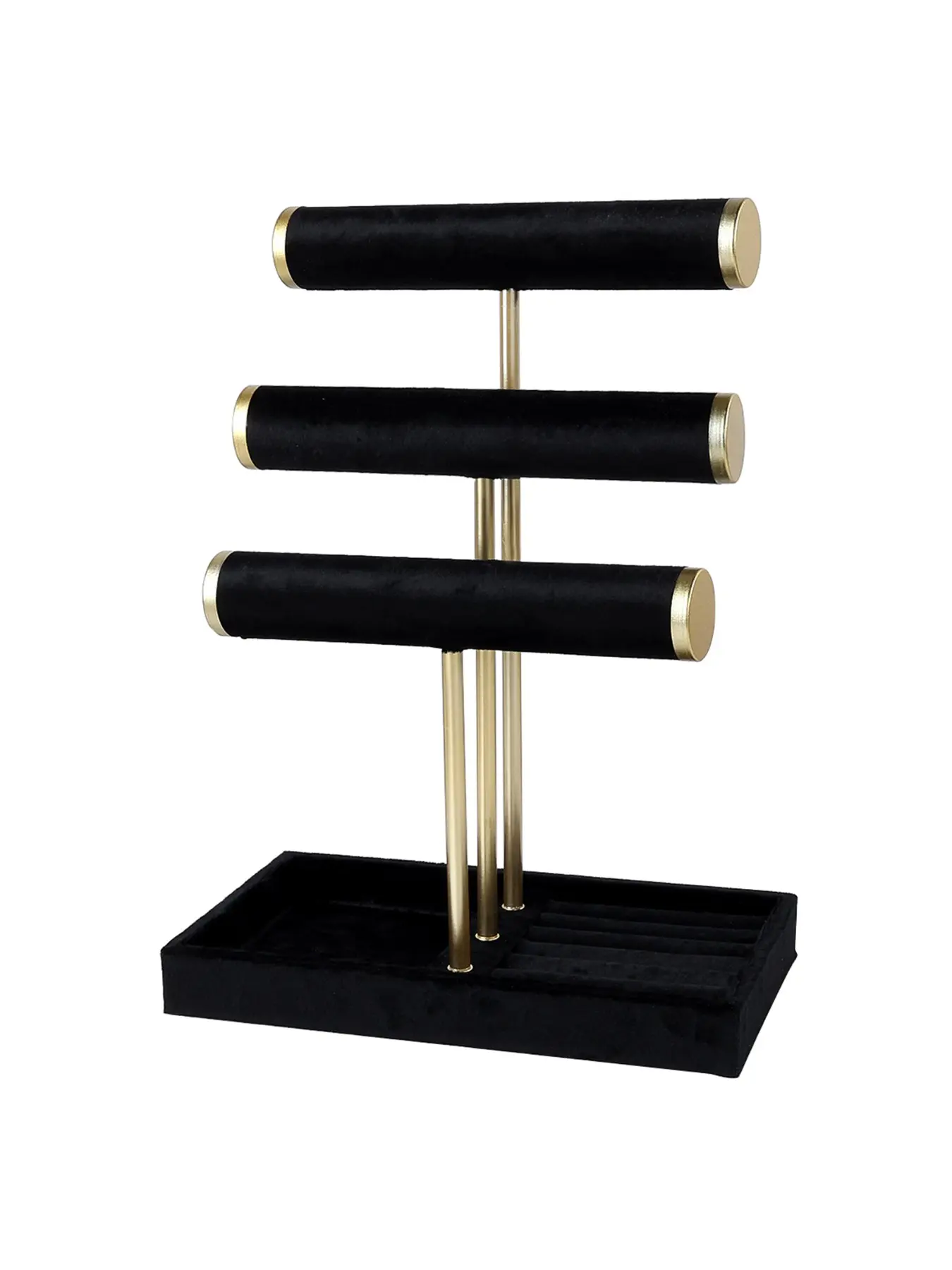 3-Tier Velvet Bracelet Display Stand, Ring Storage Tray, Metal T-Bar Jewelry Holder, Tabletop Organizer for Watch Bangle Necklace, Dresser & Jewelry Shop