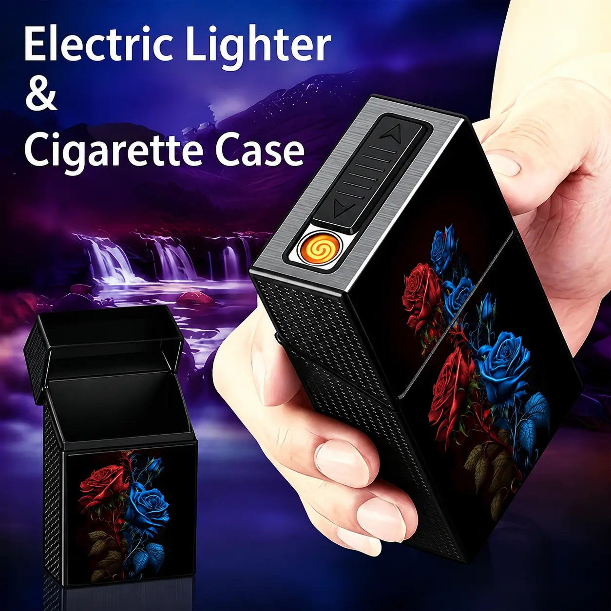 USB Rechargeable 20-Slot Storage Case with Built-In Electronic Ignition, Red and Blue Rose Heart-Flame Design, Cool Mysterious Style, Fits 84 mm and 90 mm Items, Portable Gift for Men