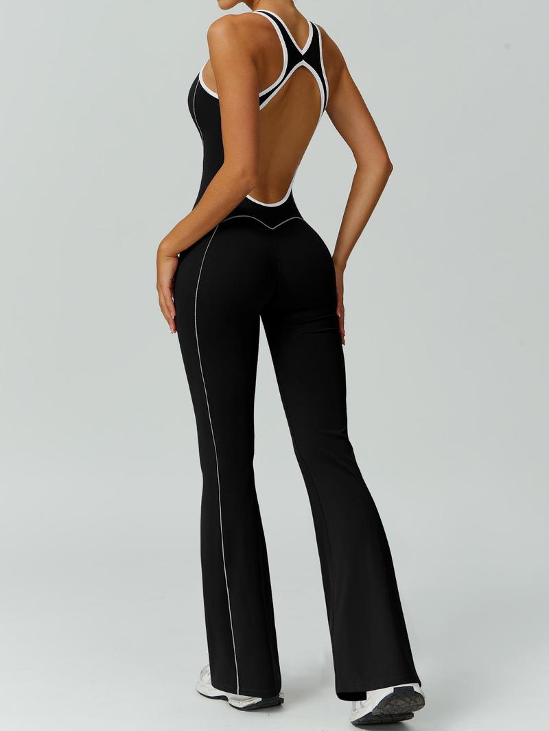 Women's color blocked backless jumpsuit comfortable and nude with a cinched waist sleeveless U-neck wide leg flared pants yoga clothes jumpsuit suitable for gym training outdoor running dancing tennis seasonal fashion contrasting Backless Sports Jumpsuit