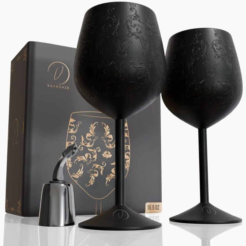 Women's Classic Ancient Drink Gift Set - 2 Etched 17oz Black Stainless Steel Unbreakable Wine Glasses, Engraved Goblets with Bottle Stopper (Mother’s Day Mom Gift)