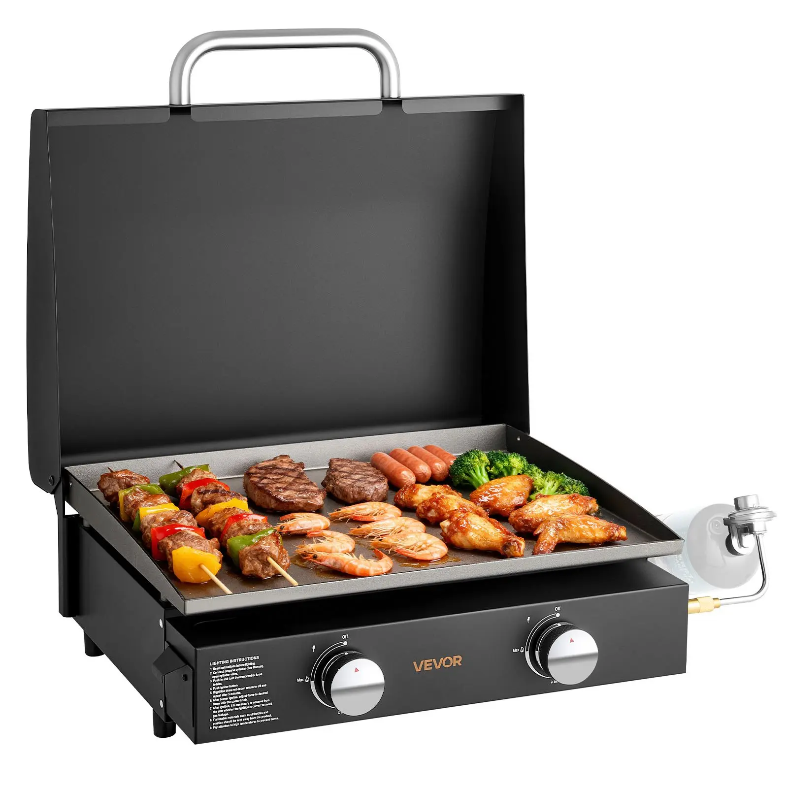 VEVOR Gas Griddle, 2 Burner Tabletop Griddle, 22 inch Portable Griddles Propane with Lid, Oil Drain Hole Oil Collection Tray, 2x 11000BTU Camping Flat Top Grill for Outdoor Cooking, Tailgating