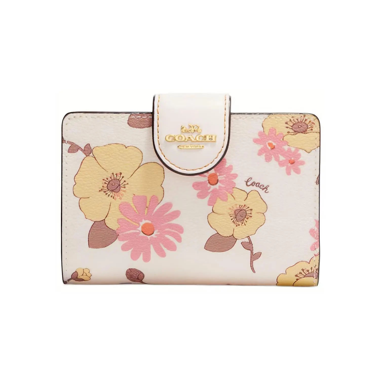 Coach Corner Zip 13 Handbag Wallet for Women, Floral Print Gold Logo on Ivory White Leather