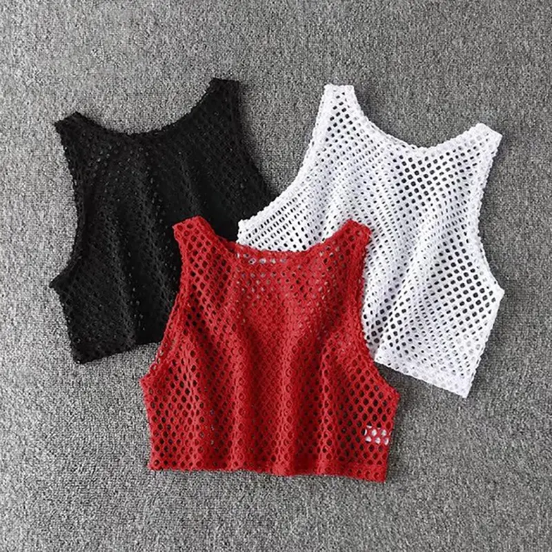 Sexy Black/Red Hollow Out Crop Top 2026 Mesh T-shirt Female Loose Fashion Summer Basic Tops For Women Fishnet Shirt