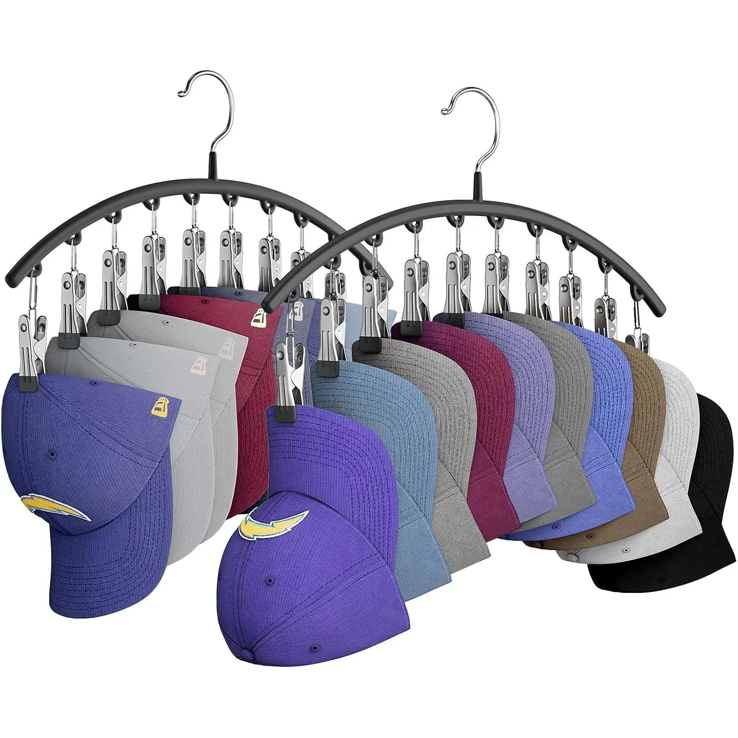 Hat Hangers for Closet, Metal Hats Organizer Racks for Base Ball Caps 2 Pack Door Hats Racks for Baseball Cap with 10 Large Clips, Baseball Hat Holder for Closet Storage, Fits All Cap-Black