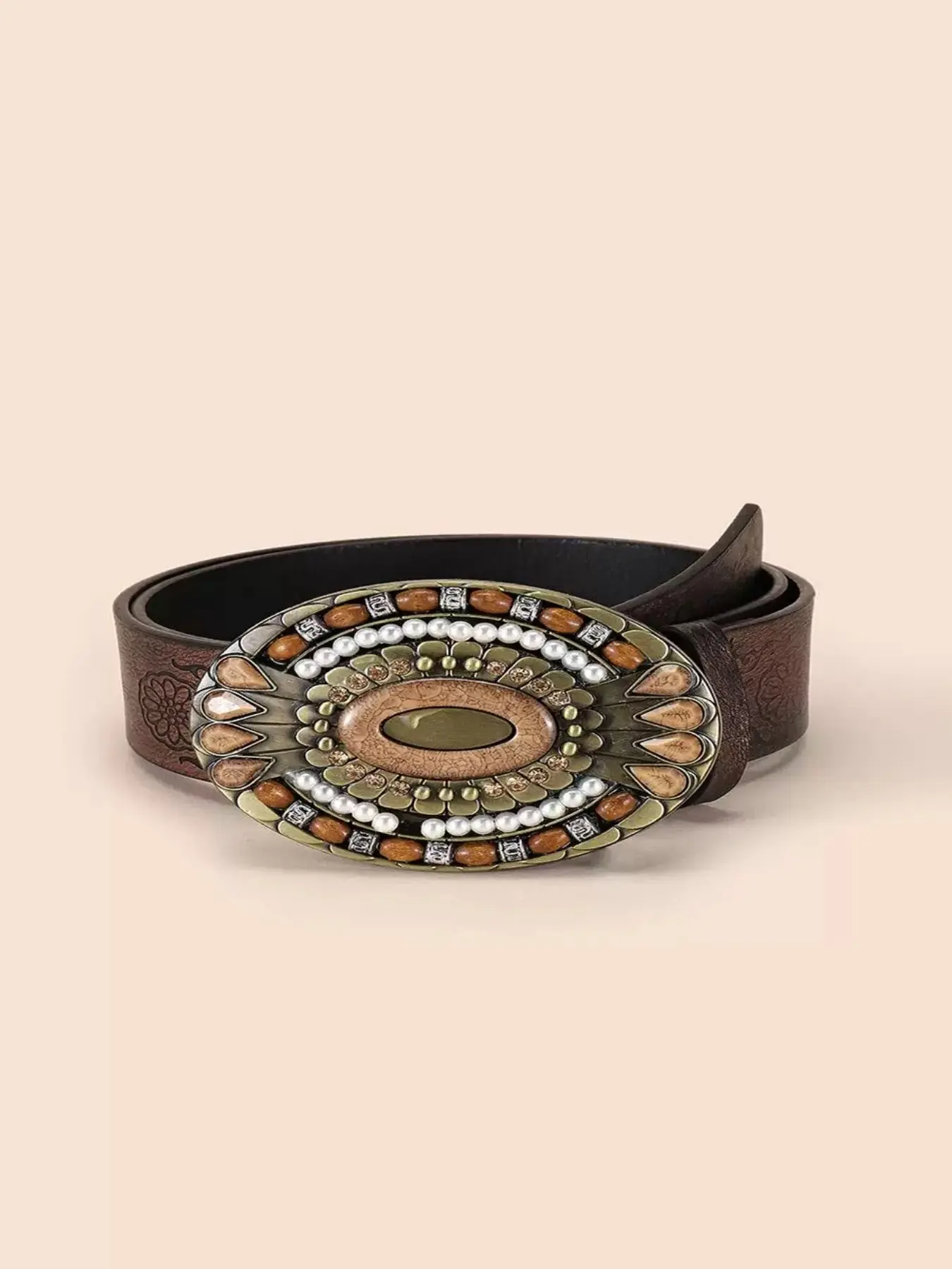 Wooden Bead Vintage Belt, Ethnic Style All-Over Print, Boho Design, Belted Waistband, Perfect for All Seasons, Unique Fashion Accessory