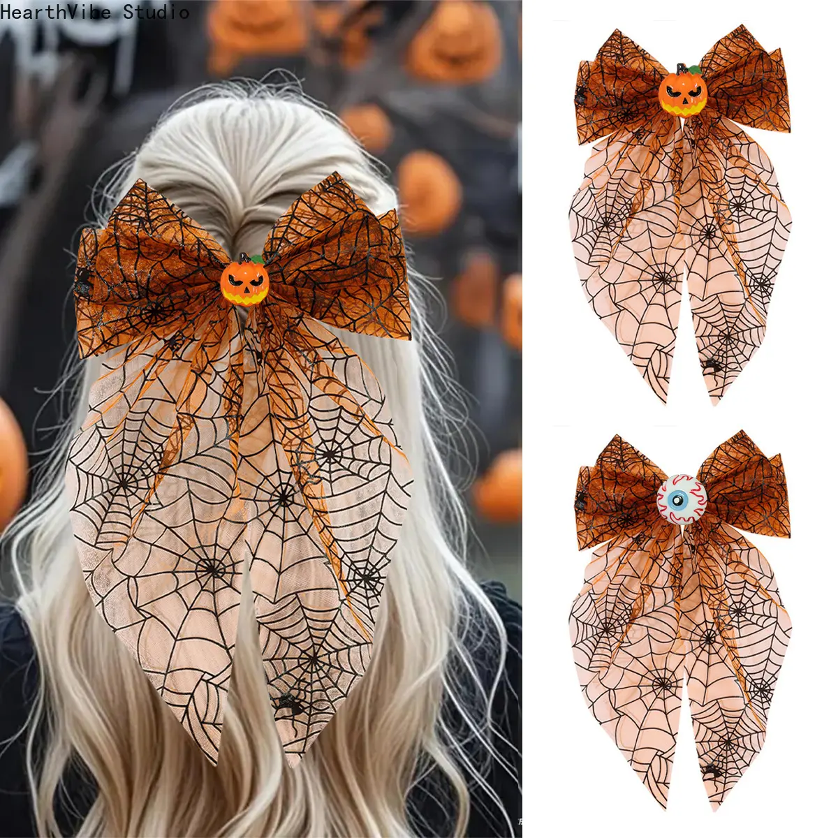 Girls' 1-Pack PU Leather Cosplay Hair Bows, Large Spider Web Mesh Ribbon Clip, Pumpkin Eyeball Barrettes for Autumn Halloween Party Daily Hair Accessories, Leather Pu, Bow Shape