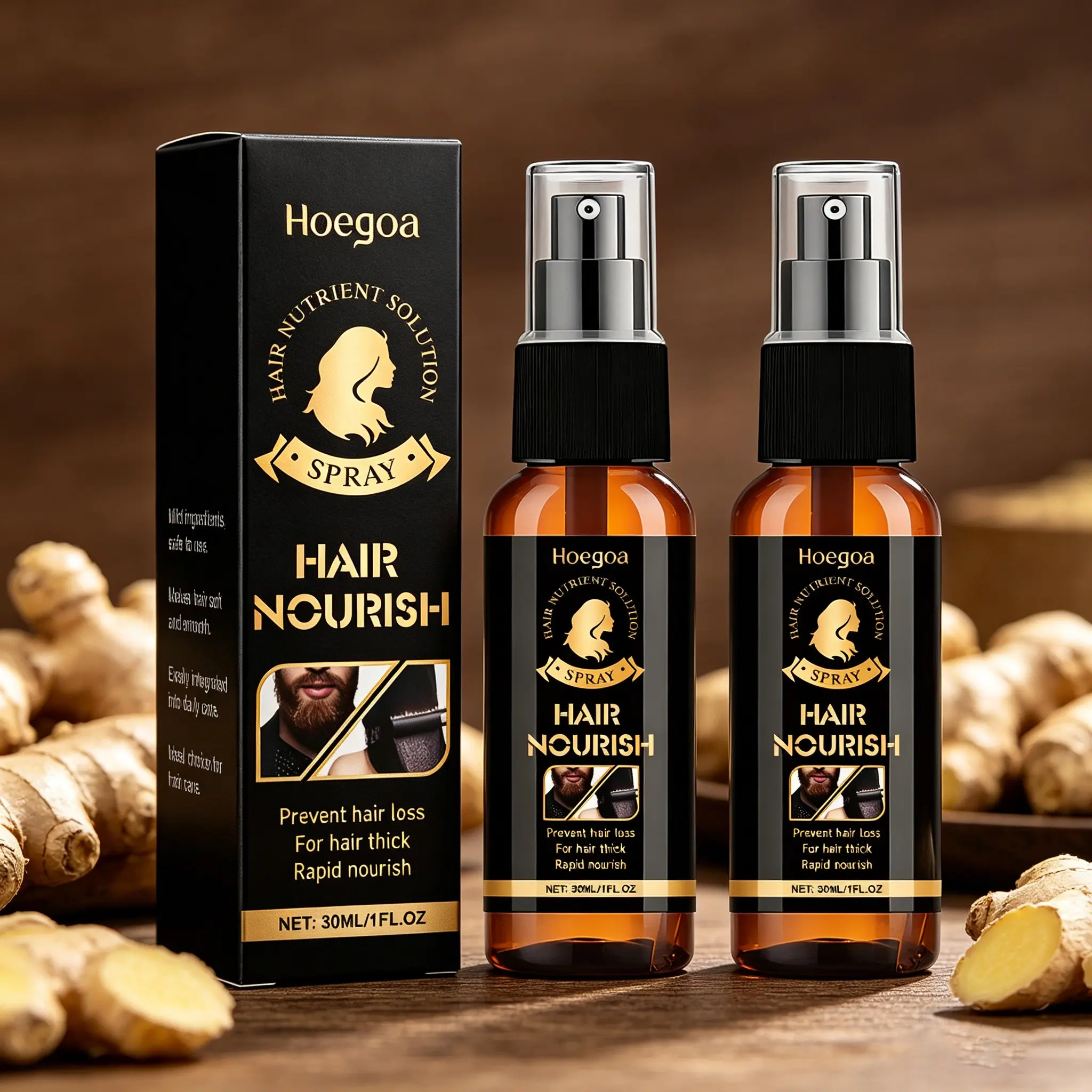 Ginger Root Men's Hair Care Essential Oil Set (30ML*2), Beard and Hair Nourishment, Lightweight Texture, Deep Nutrition, Natural Fuller Effect