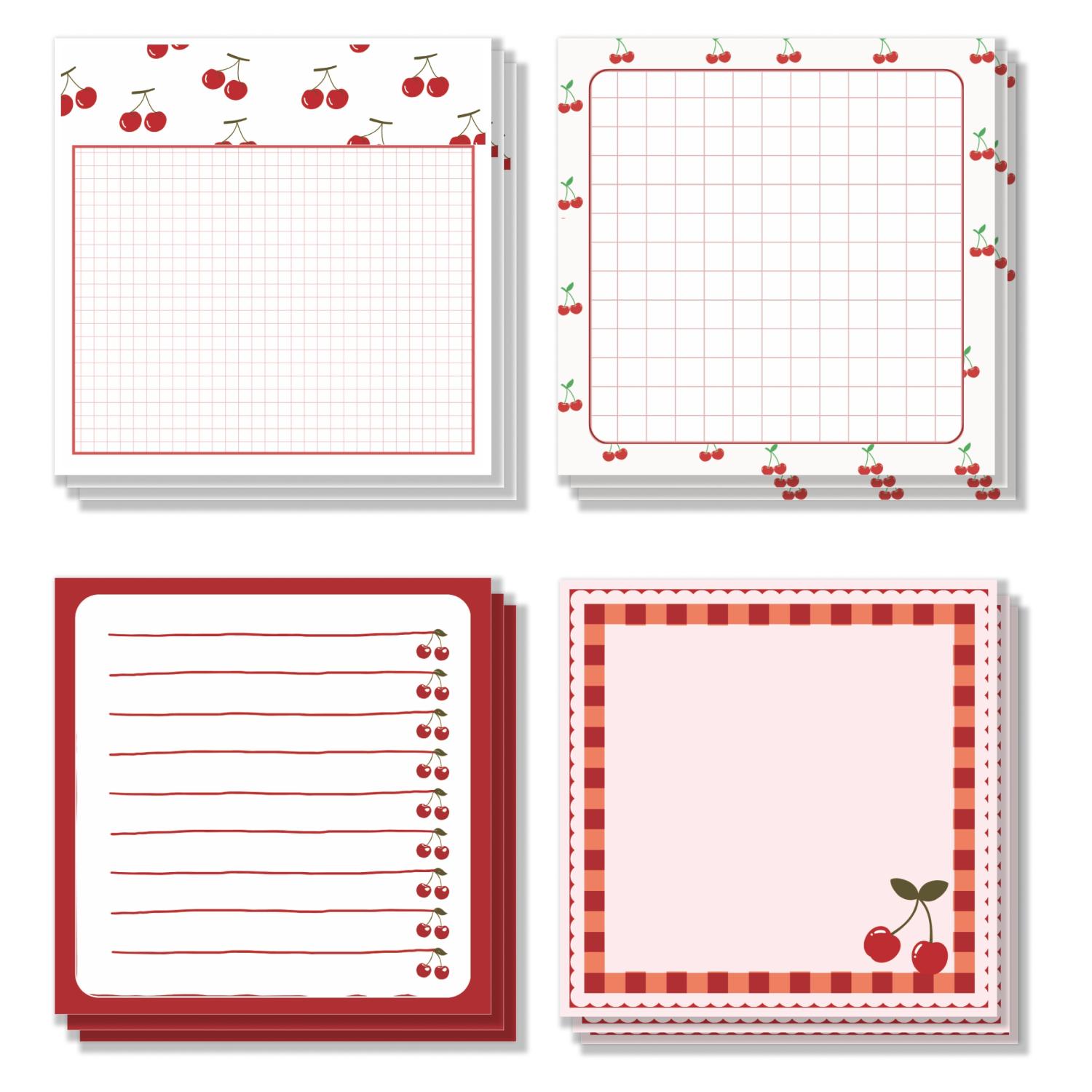 Cherry Pattern Sticky Note, 4 Counts/set Cherry Note Pad, Adhesive Memo Note Office Supplies for School Office Home Kitchen