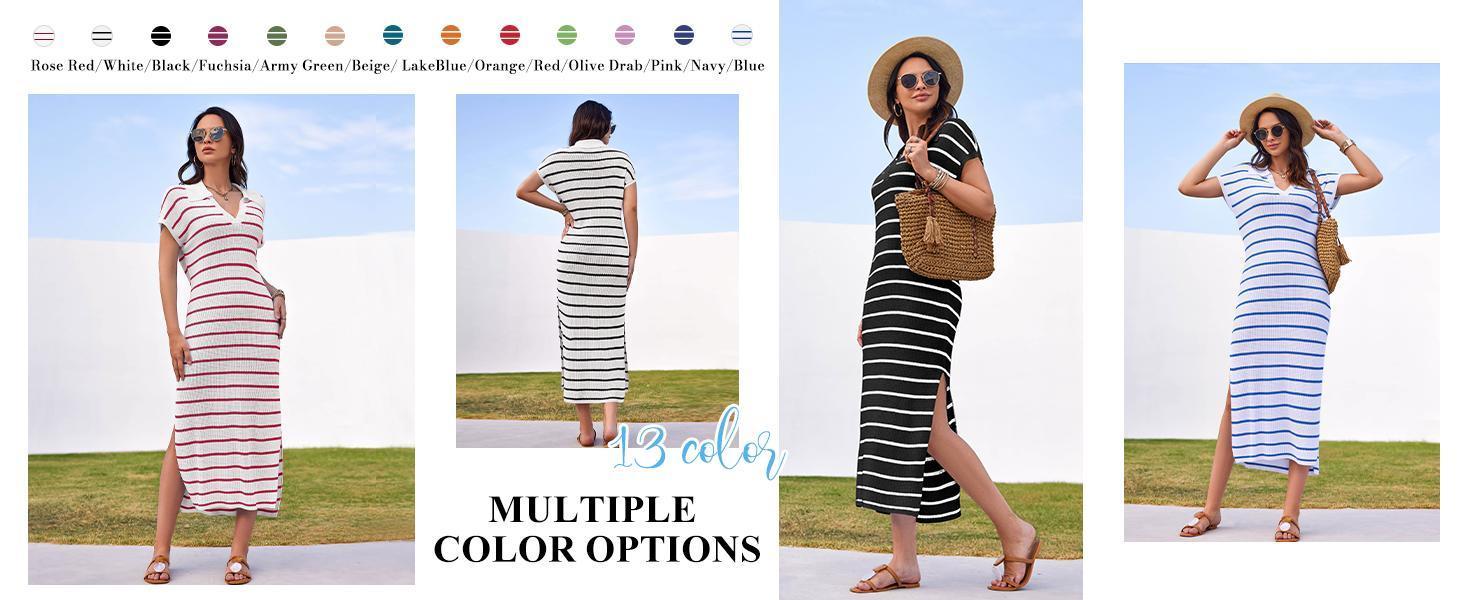 Imily Bela Womens Striped Summer Dresses Short Sleeve V Neck Knit Collared Sexy Slit Loose Maxi Sweater Dress SpringStatements