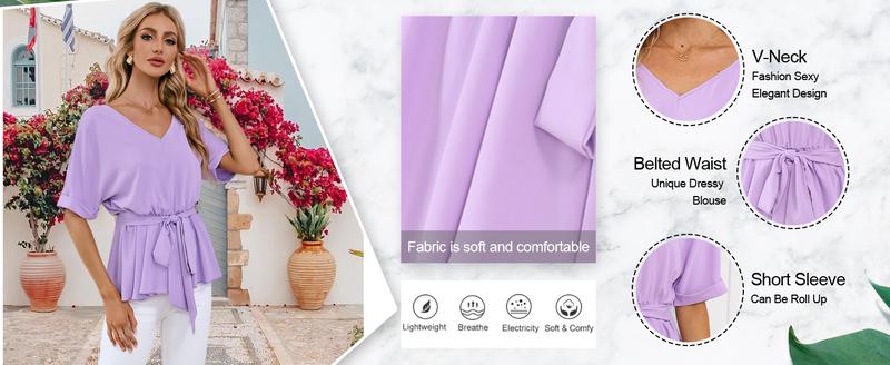 FMEYOA Womens Fashion V Neck Blouse Short Sleeve Belted Casual T-Shirts Basic Tee Tops