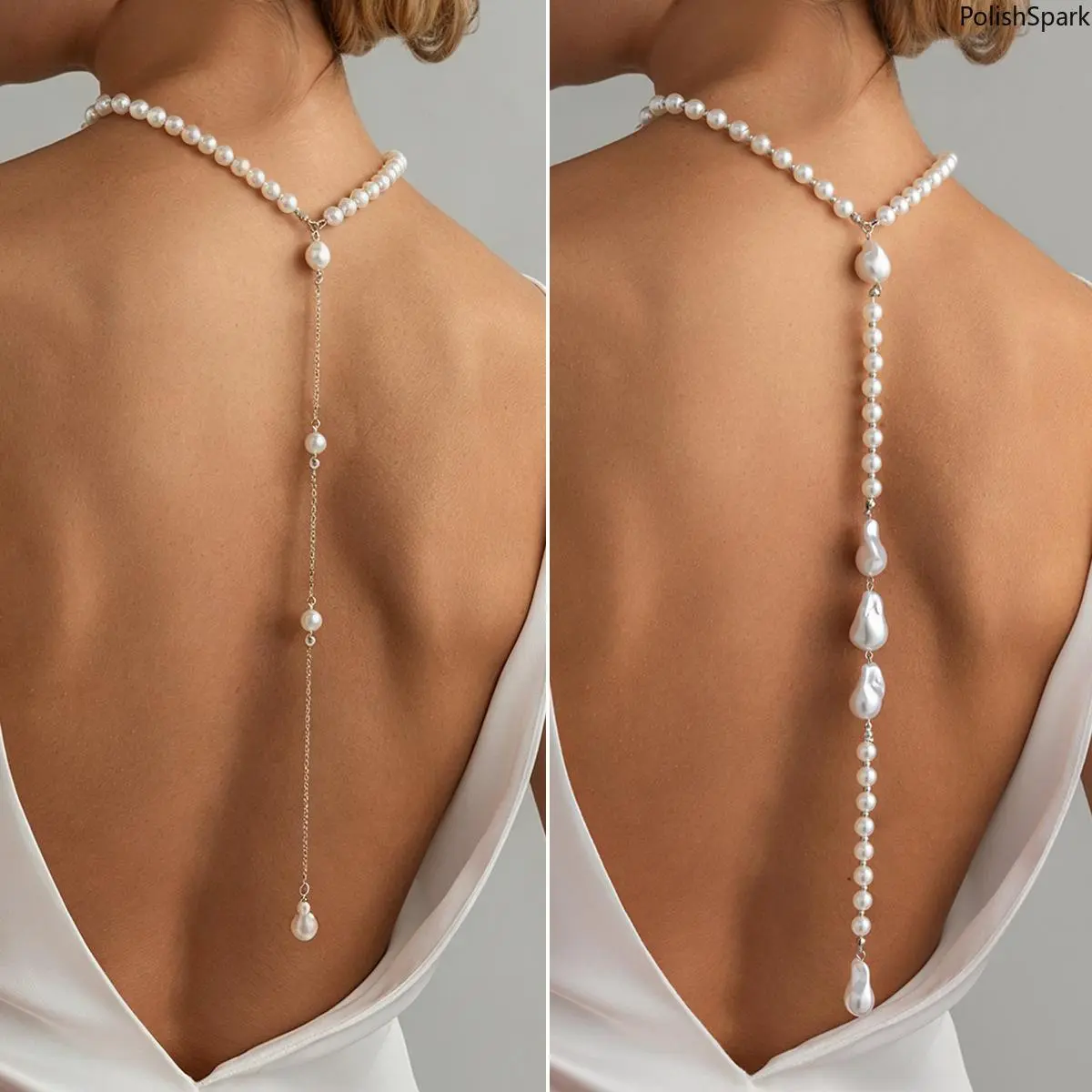 Elegant Baroque Pearl Body Chain, Y-Shaped Long Drop Back Necklace for Women, Bridal Jewelry for Anniversary Ceremony, Pearl Chain Necklace, Everyday, Body Jewelry, Unisex