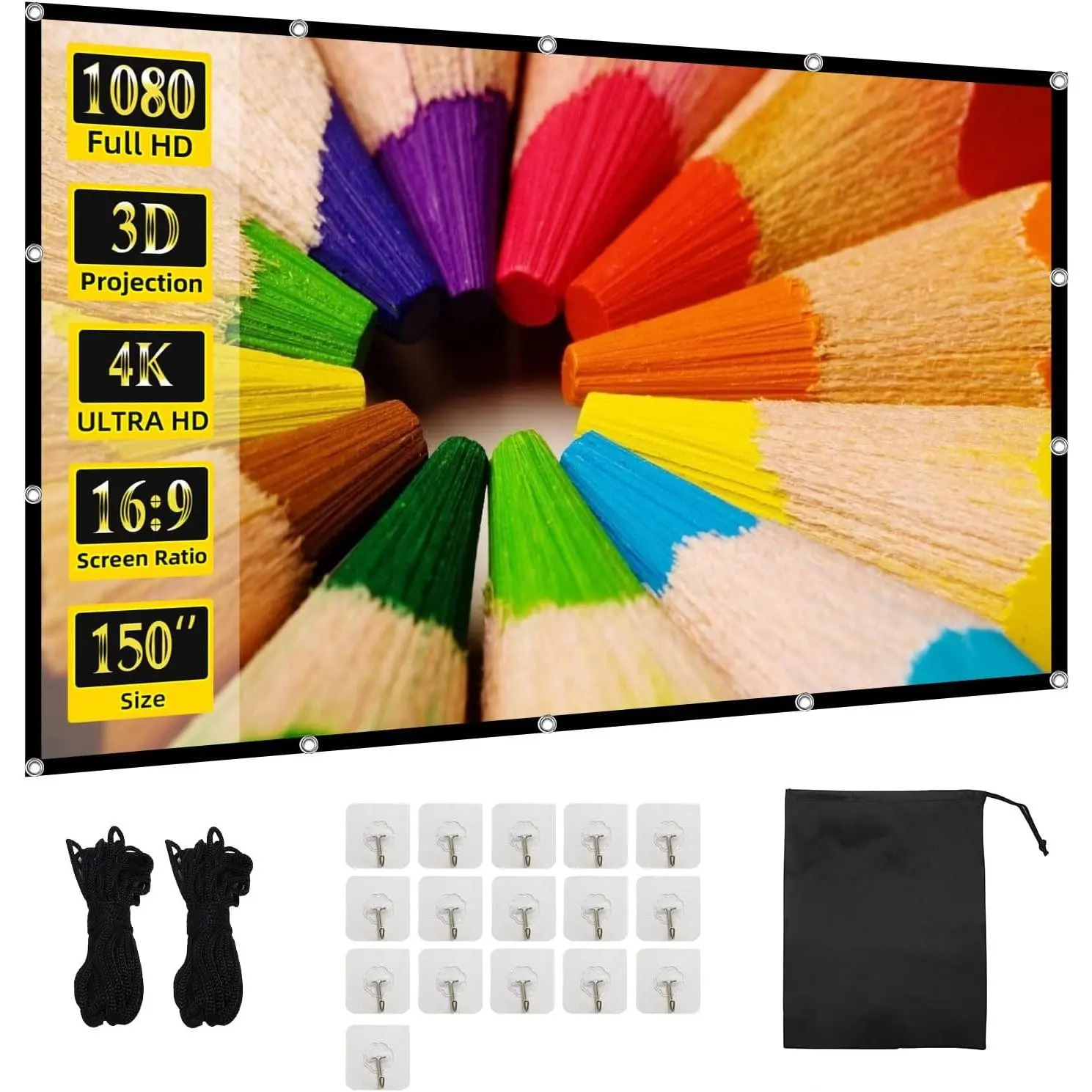 Projector Screen  150 inch Projection Screen Indoor Outdoor Washable Anti-Crease 16:9  Rear Front Movies Screen for  Theater Office