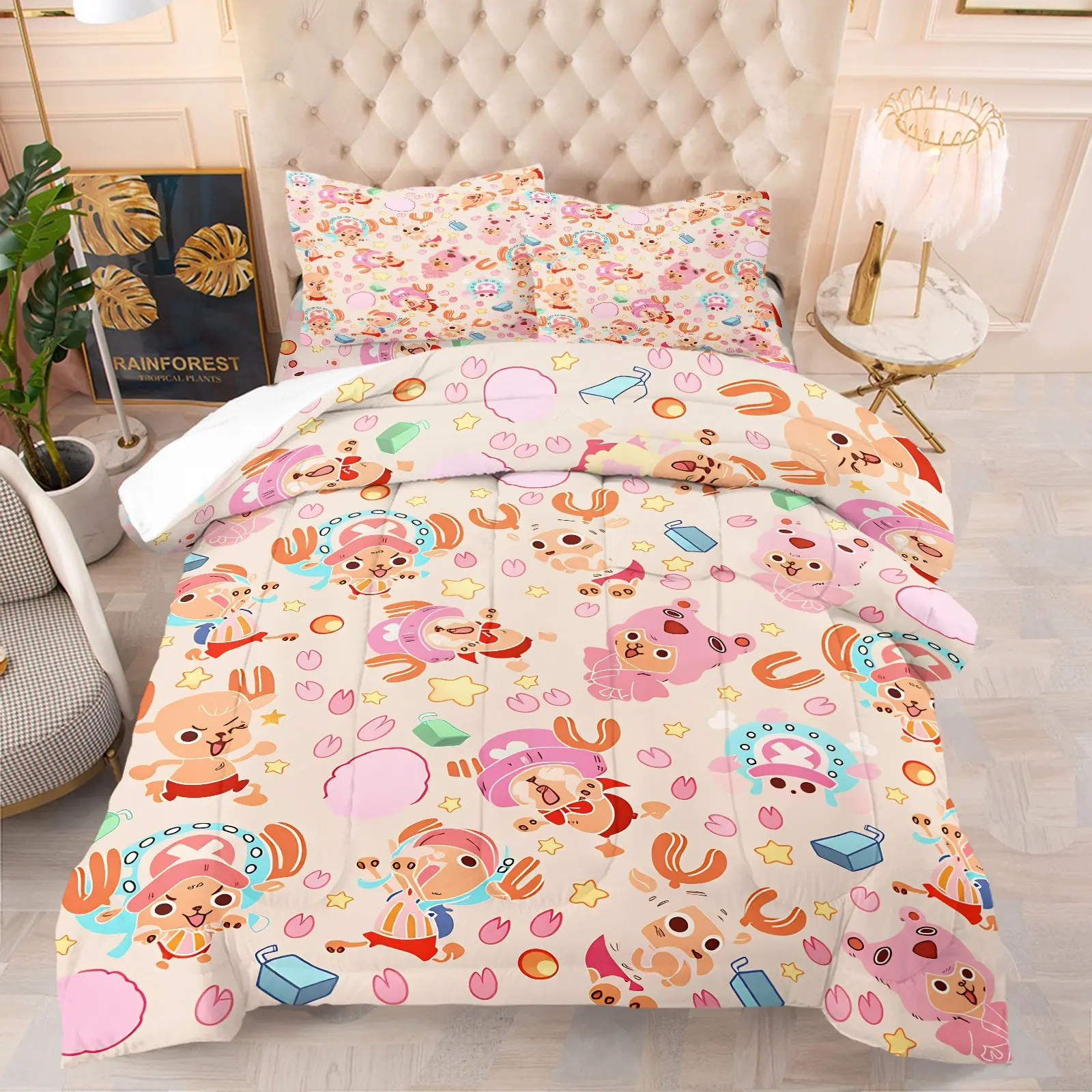 Light Beige Cute Tony Tony Chopper Cartoon Comforter Set, One Piece Anime Petal Star Print, 1 Comforter + 1-2 Pillowcases, Soft Microfiber Washable Bedding, Kawaii Anime Fan All Season Bedroom Quilt Set