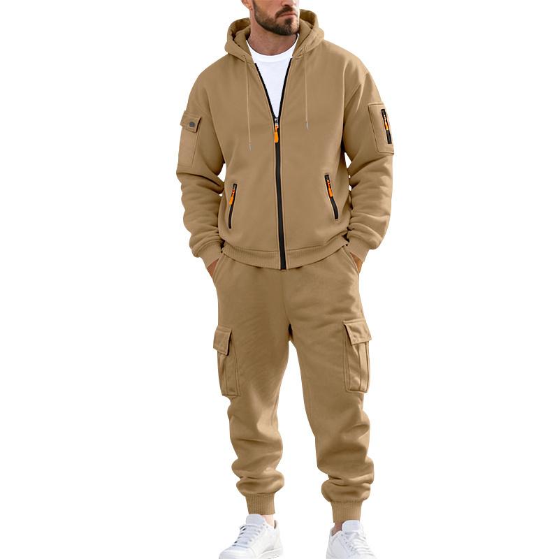 KZZ Men's Winter Fleece-Lined Hoodie & Drawstring Pants Set Warm Casual Long-Sleeve Top & Bottoms Multi-Pocket Design
