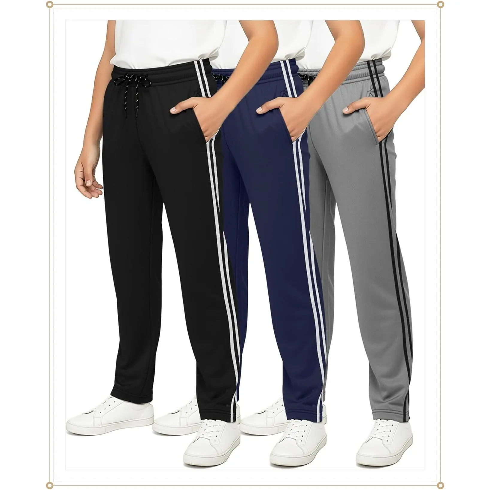 3-Pack Boys' Mesh Open-Bottom Sweatpants Athletic Track Pants for Teens & Kids - Lightweight Quick-Dry Performance, Pull-On Drawstring Straight Leg Lounge Jogging, Sizes 4-18Gift